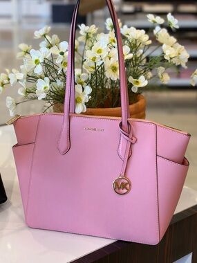 Michael Kors Pink Saffiano Tote Shoulder Bag with Gold MK Charm